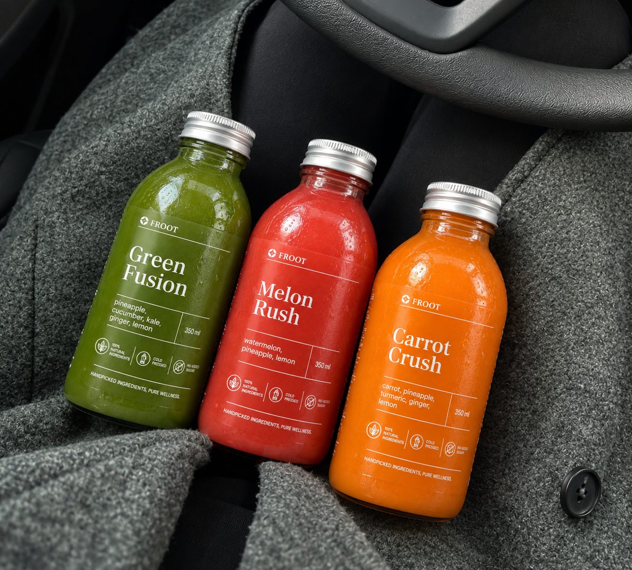 Green Fusion, Melon Rush and Carrot Crush on a grey coat