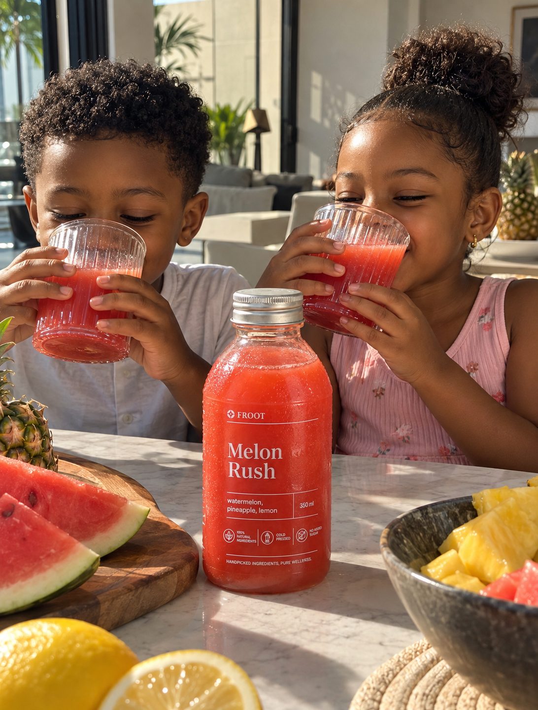 Two children drinking Melon Rush at the kitchen table