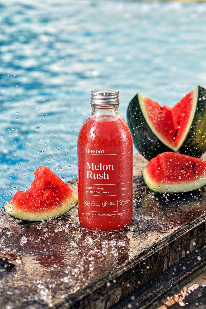 Melon Rush by the pool with watermelon slices and splashing water
